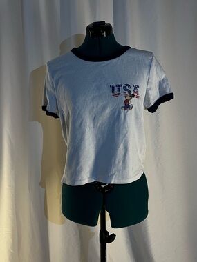 USA Graphic Ringer Crop Tee - White with Navy Trim